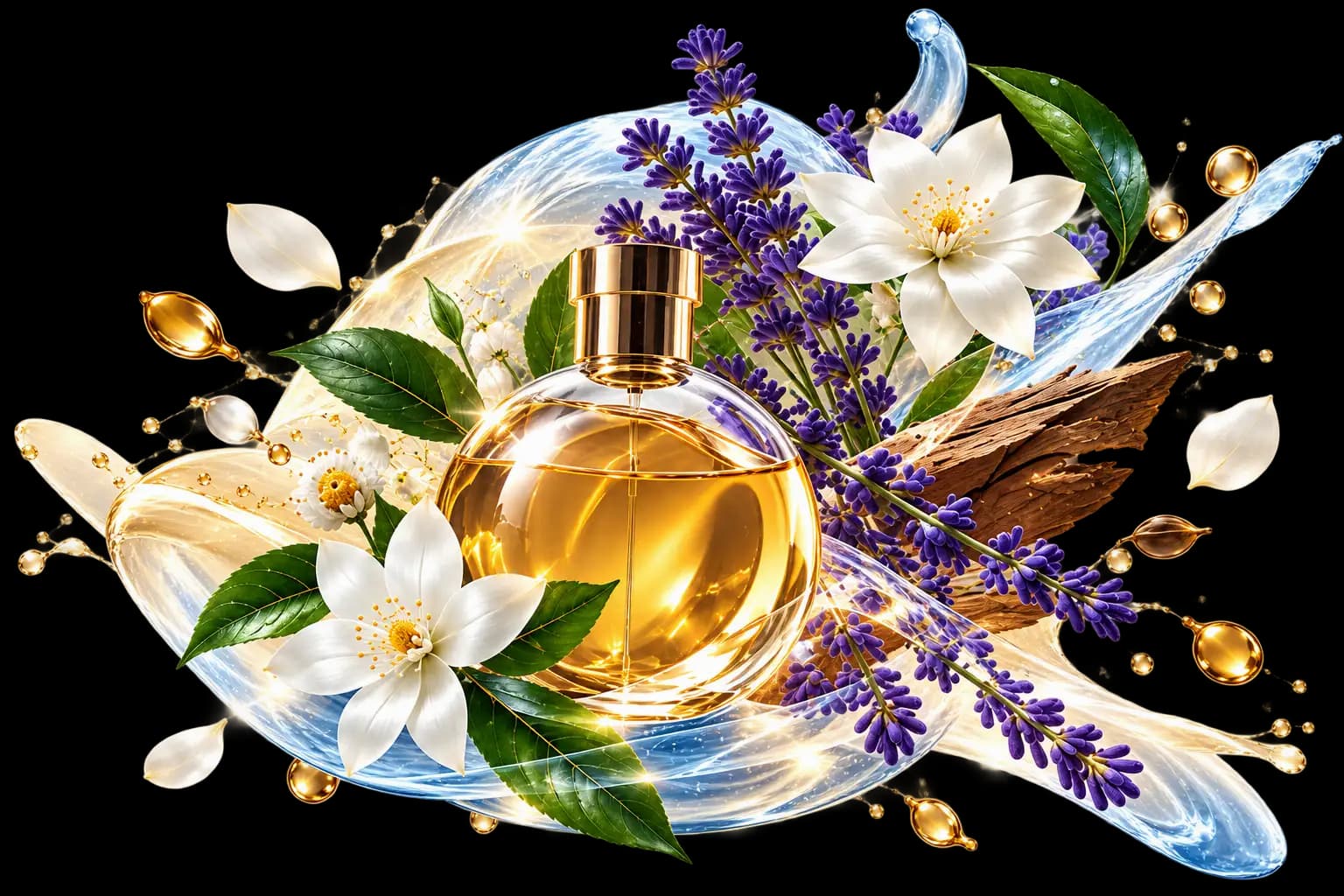 Ingredientes aromáticos premium: lavanda, jazmín, eucalipto, limón y aceites esenciales en frascos de vidrio